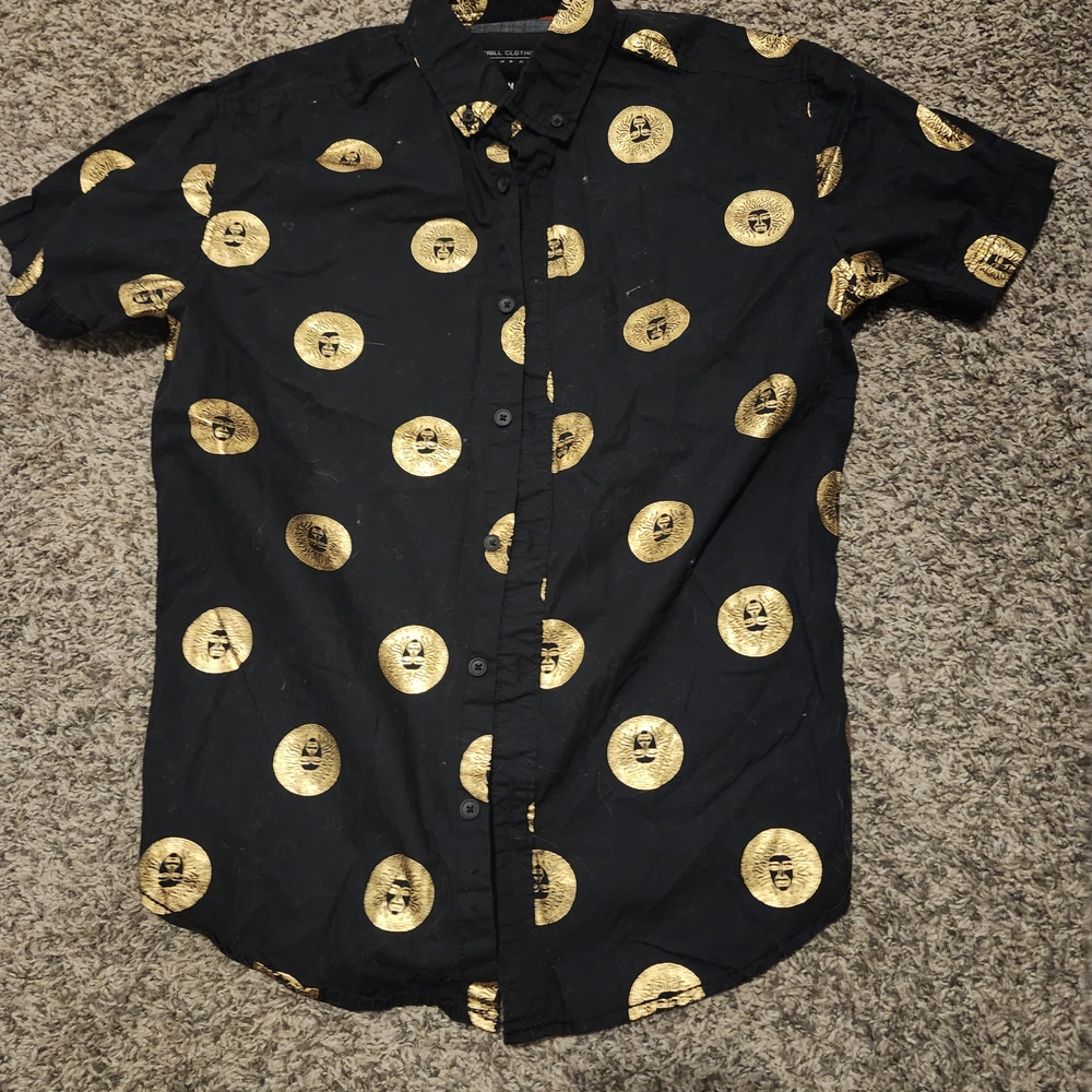 MENS DRILL CLOTHING MEDUSSA BLACK w/ GOLD METALLIC PRINT BUTTON DOWN SHIRT sz M